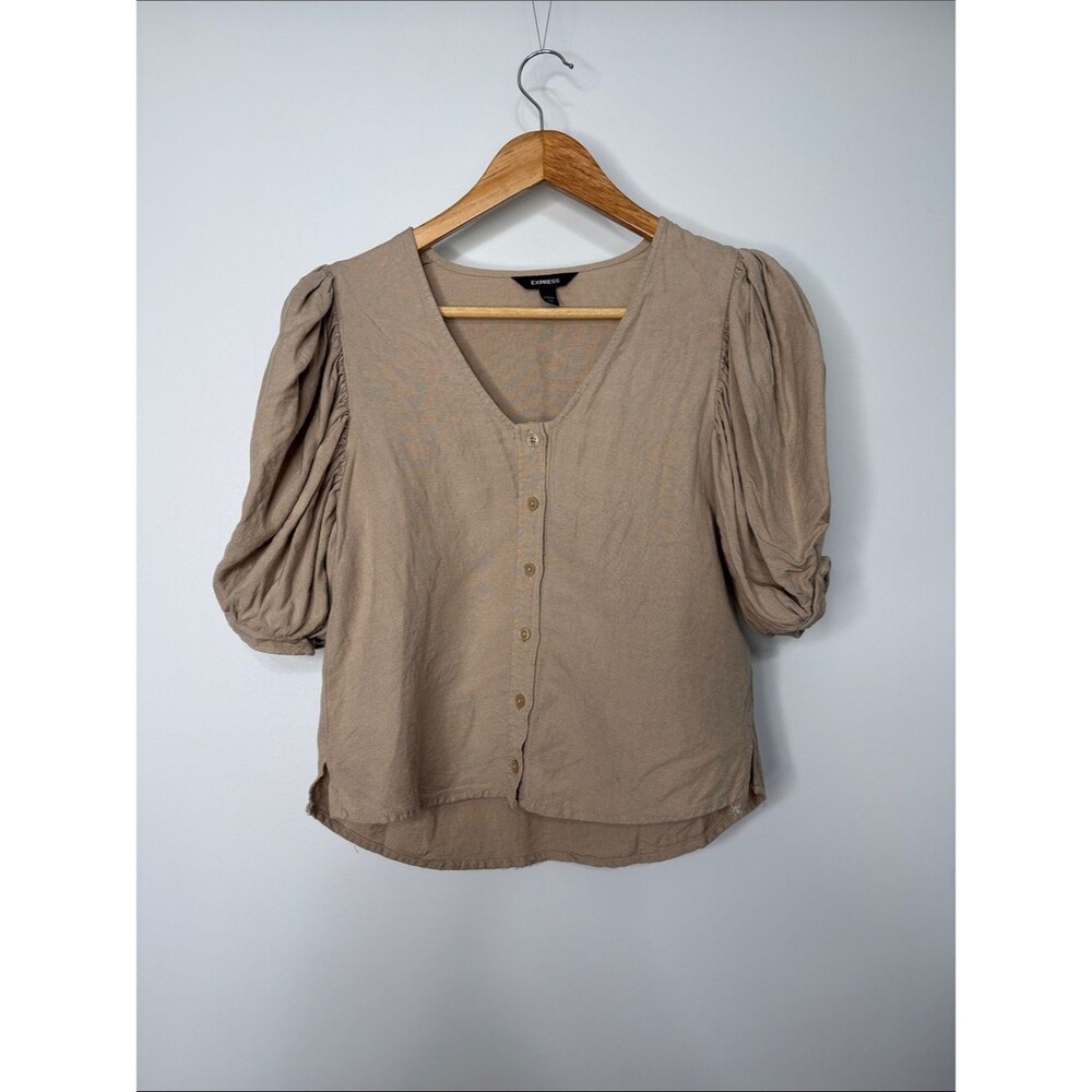 Express Beige Linen Blend Puff Sleeve Button-Front Blouse XXS